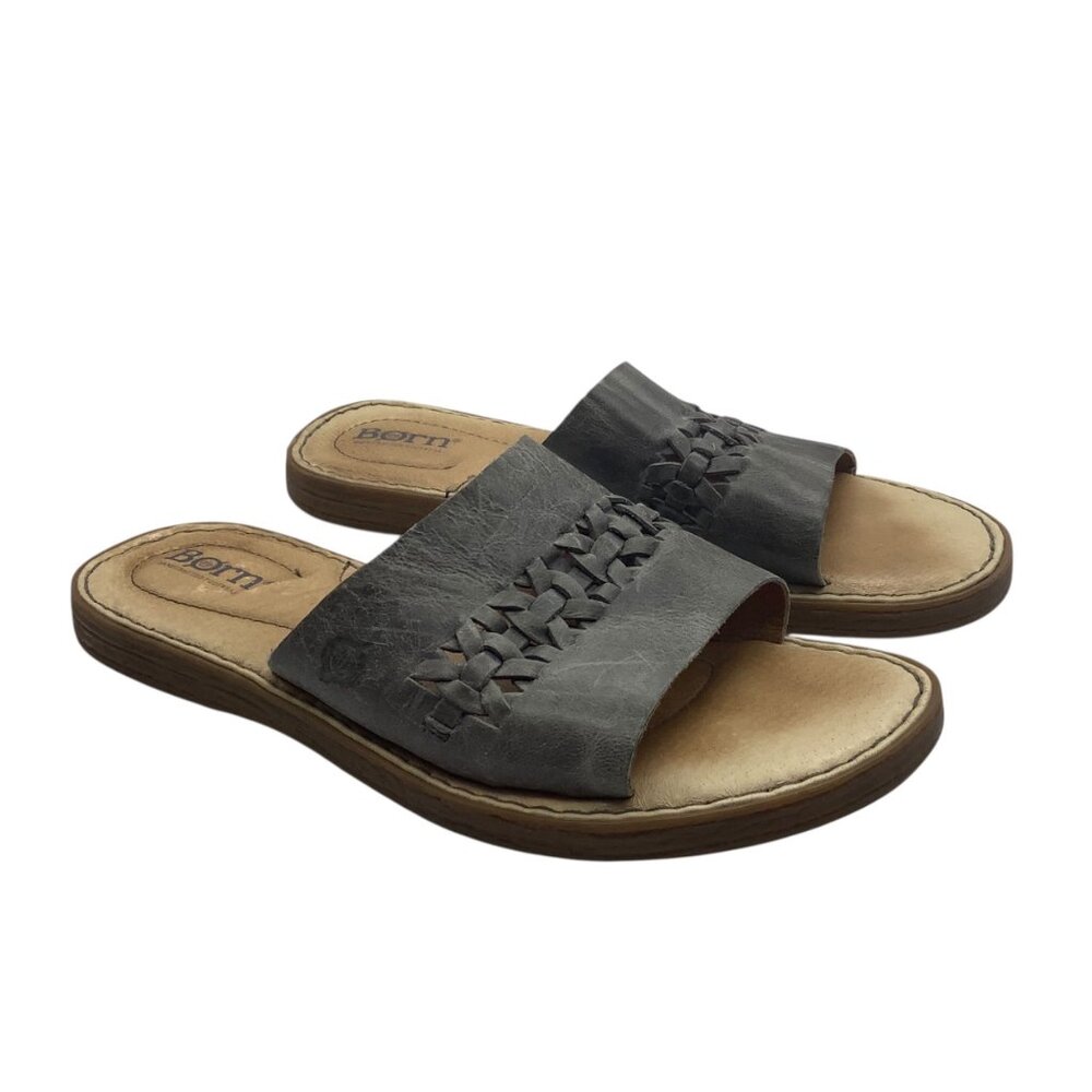Born St Francis Leather‎ Slide Sandals Woven Women Size 7 Gray Upper Handcrafted